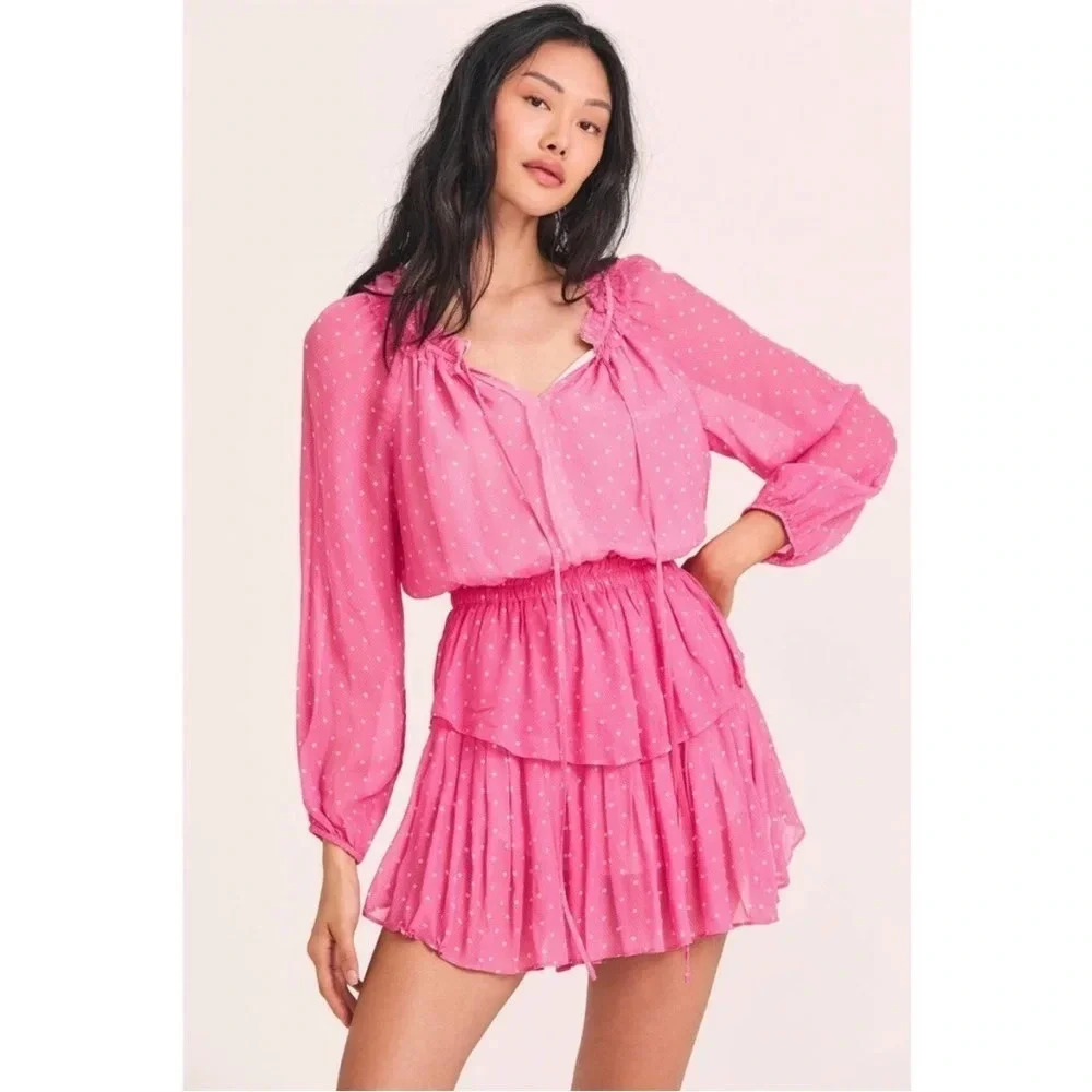 Loveshakfancy pink popover ruffle polka dot mini dress